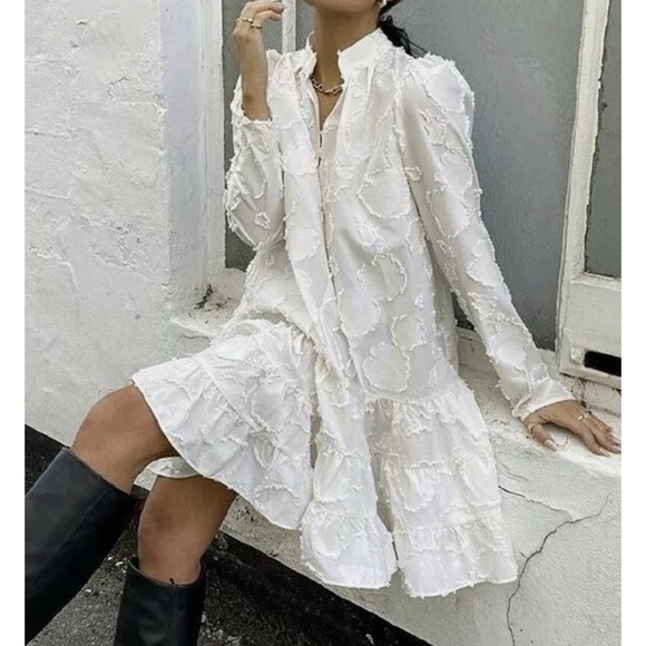 H&M Dresses & Skirts - H&M Exclusive Cream Jacquard Weave Boho Ruffle Tiered Babydoll Midi Dress S